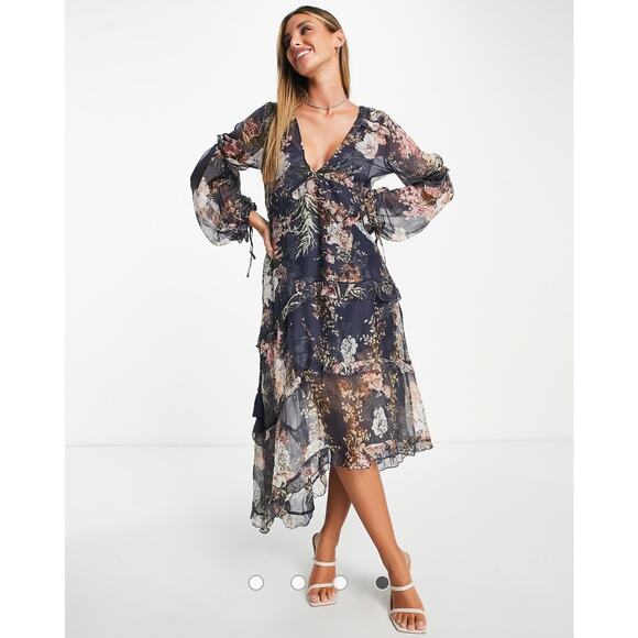 ASOS Tiered Chiffon Sheer Long Sleeve Midi Dress Navy Floral 2 Boho Flowy - Picture 1 of 12